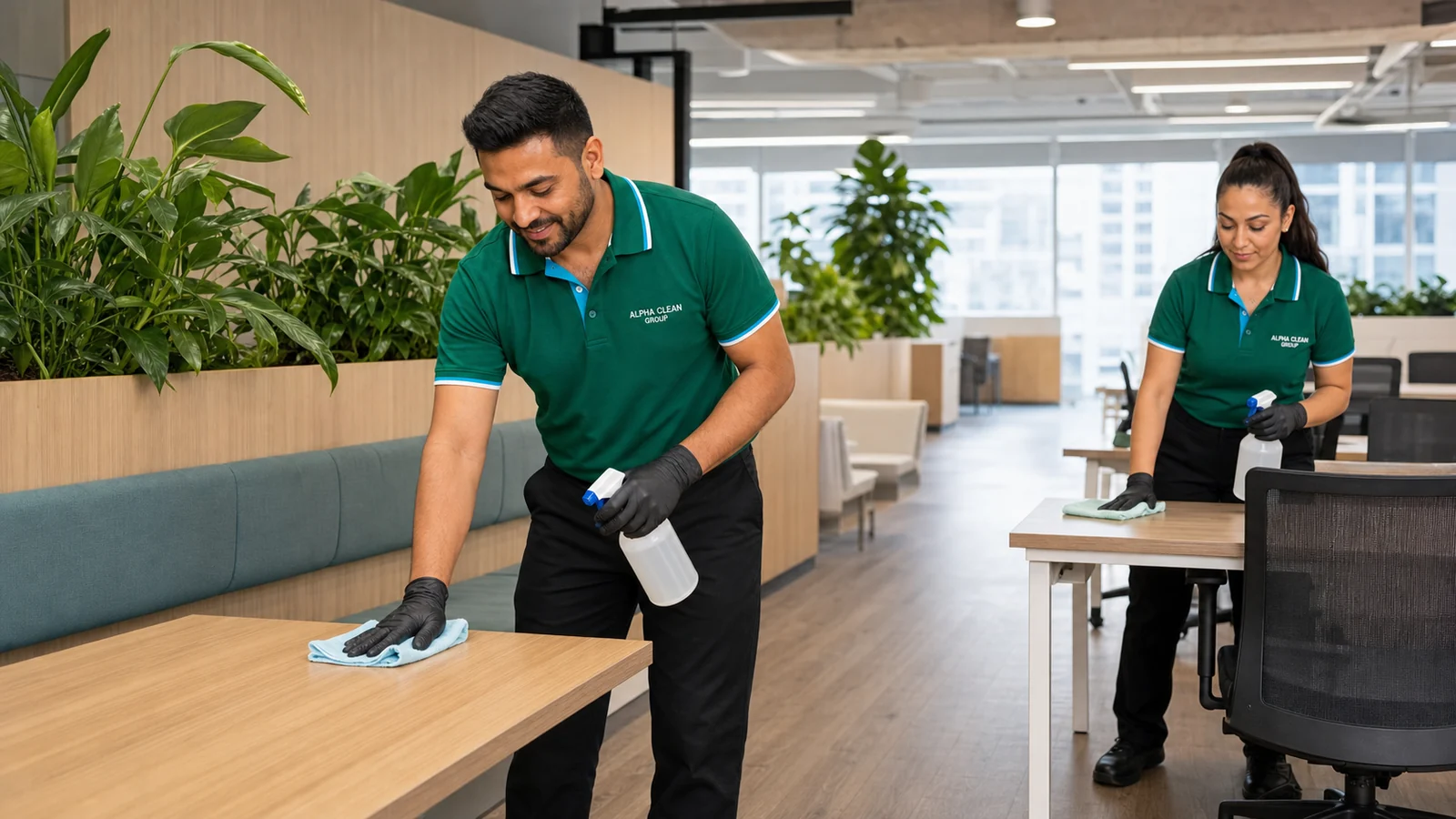 Professional cleaner with cleaning supplies